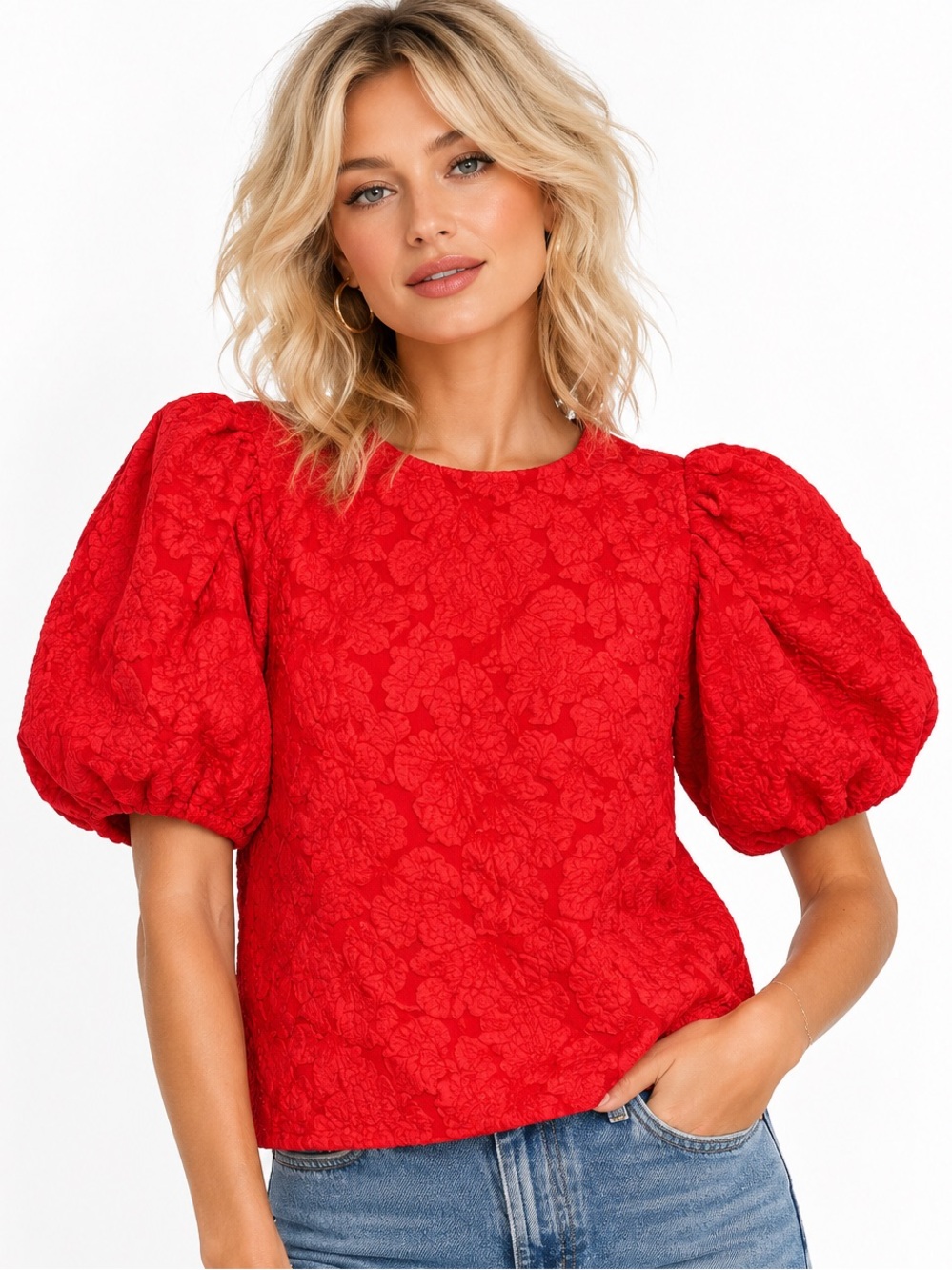 NWOT Tuckernuck Hyacinth House Red Floral Jacquard Puff Sleeve Top S